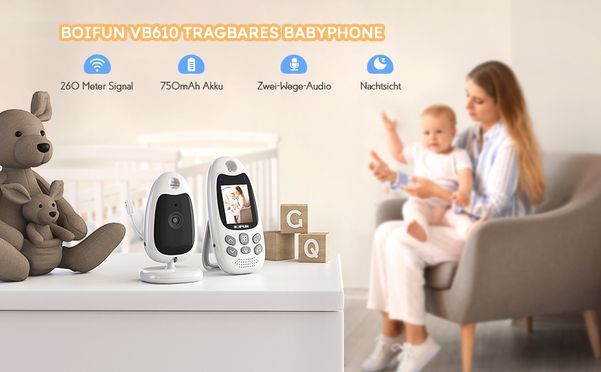 BOIFUN Babyphone mit Kamera Tragbares Vox Funktion Temperatursensor Nachtsicht Video Babyfon 2,4 Ghz