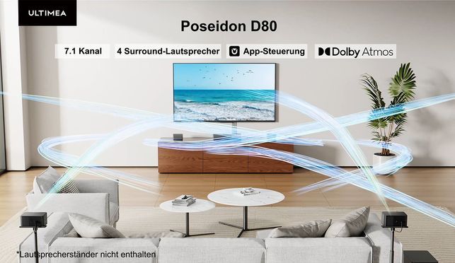 7.1 Kanal Dolby Atmos® Soundbar | 6.5“ kabelloser Subwoofer | 4 kabelgebundene Surround Lautsprecher