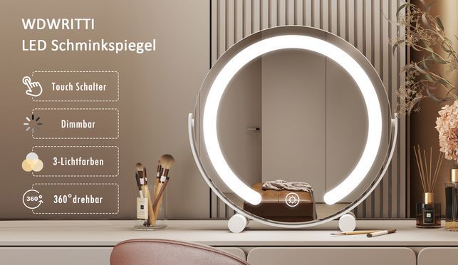 WDWRITTI LED Schminkspiegel Rund 3Lichtfarben, Helligkeit Dimmbar, 360° Drehbar