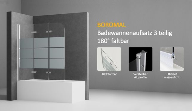 BOROMAL Badewannenaufsatz 3 teilig faltbar Milchglas 6mm ESG