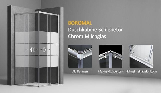 BOROMAL Duschkabine Schiebetür Chrom 5mm ESG Milchglas H:185cm 