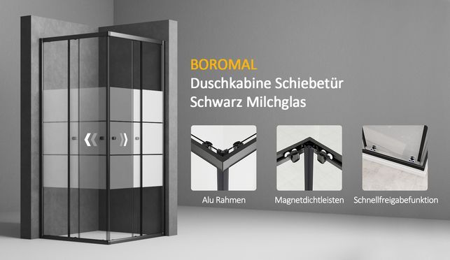 BOROMAL Duschkabine Schiebetür Schwarz 5mm ESG Milchglas H:185cm 