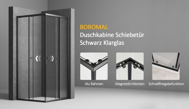 BOROMAL Duschkabine Klarglas Schiebetür Schwarz 5mm ESG H:185cm