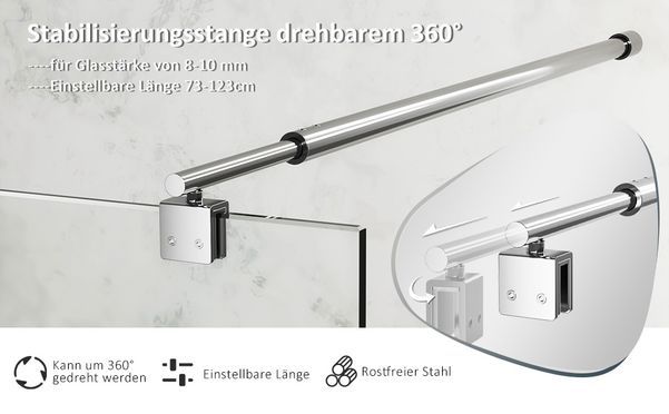 BOROMAL Haltestange für Glasdicke 5 10mm Einstellbereich 73~ 123cm, 360° Drehbar