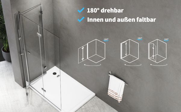 BOROMAL Walk In Duschwand 180° Drehbar Faltbar Sicherheitsglas 71 116cm