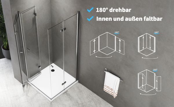 BOROMAL Duschkabine 180° Falttür B:75/80/90/100/120cm H:185cm