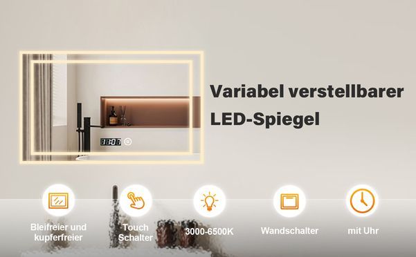 WDWRITTI LED Multifunktionspiegel mit Uhr & Speicherfunktion energiesparender