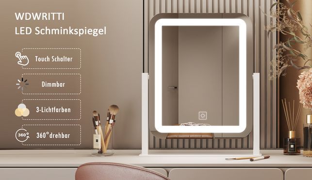 WDWRITTI LED Schminkspiegel Rechteckig 3Lichtfarben, Helligkeit Dimmbar, 360° Drehbar