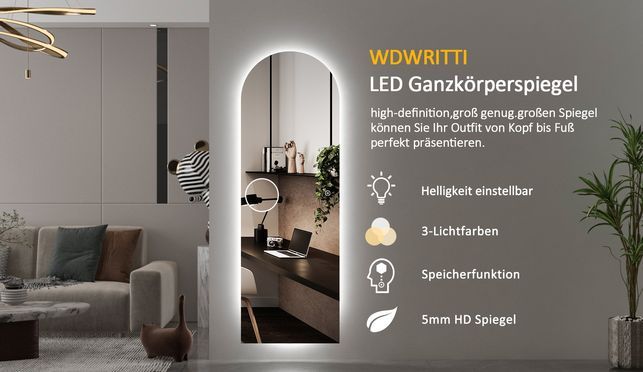 WDWRITTI LED Ganzkörperspiegel mit Speicherfunktion 3Lichtfarben+Dimmbar