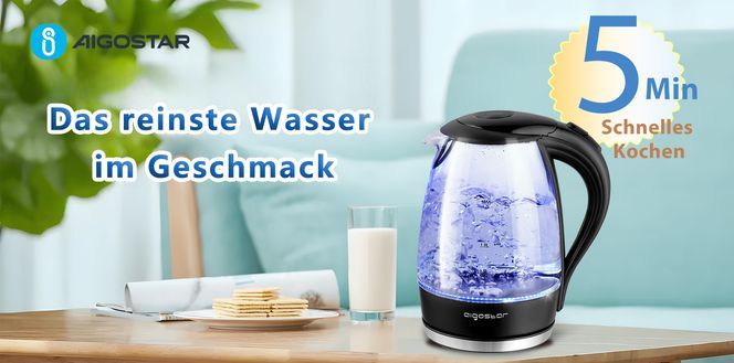 Aigostar Adam Wasserkocher Glas 1,7 Liter, 2200 Watt