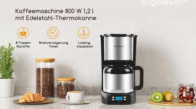 Aigostar programmierbare Kaffeemaschine aus Edelstahl Für heißen und frisch zubereiteten Kaffee