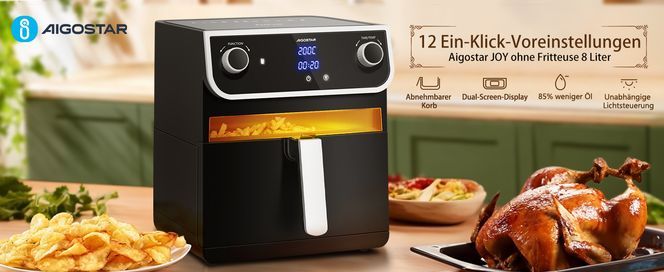 Aigostar Heißluftfritteuse xxl, 8L Airfryer mit Sichtfenster