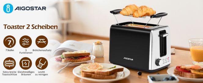 Aigostar Toaster 2 Scheiben mit Brötchenaufsatz