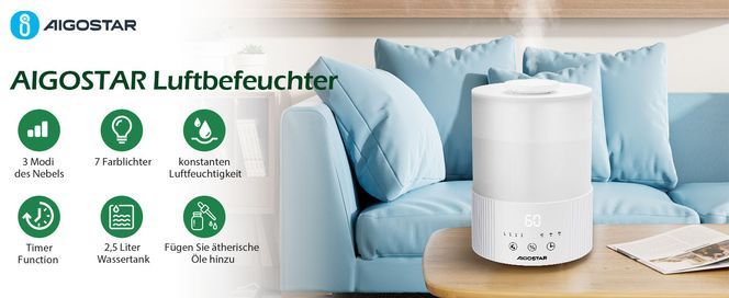 Aigostar Luftbefeuchter für Schlafzimmer, 2,5L Tank