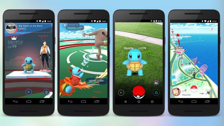 Vier Smartphones mit Screenshots von Pokémon GO.