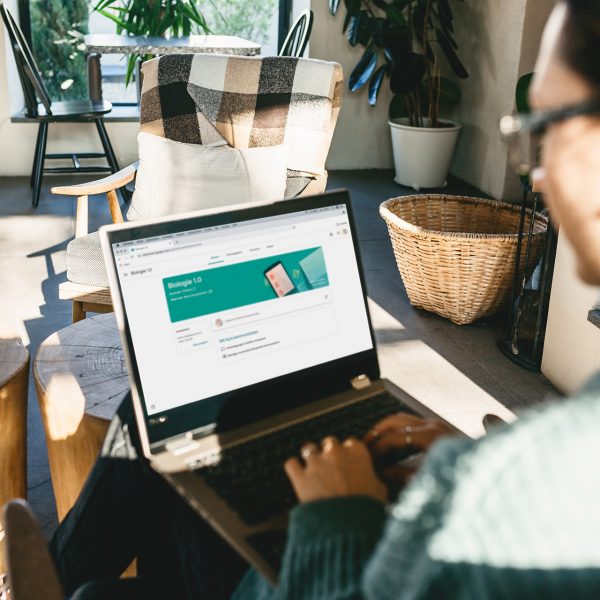 Eine Frau sitzt in ihrem Wohnzimmer und schaut auf den Bildschirm ihres Laptops.