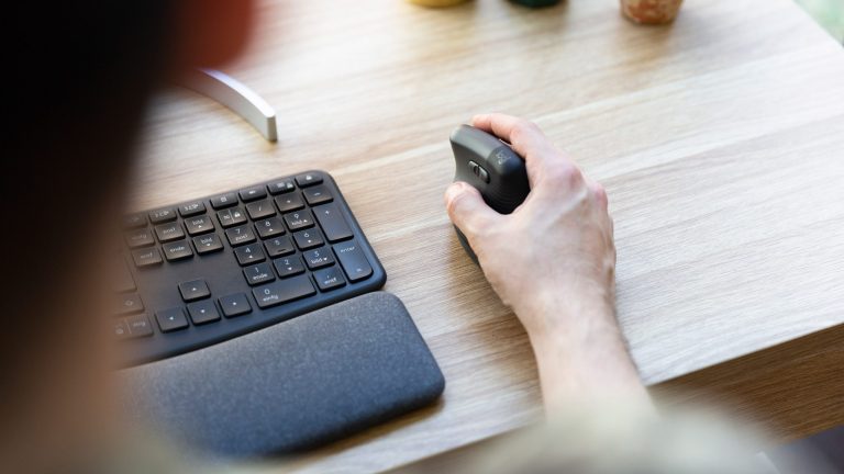 Eine Person sitzt an einem Schreibtisch und hält eine ergonomische Maus in ihrer rechten Hand. Daneben ist eine Tastatur mit Handballenauflage zu sehen.