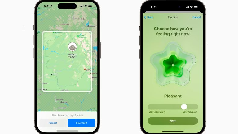 Zwei Screenshots zeigen die neuen Funktionen unter iOS 17: Offline-Karten und die Option, in der Health-App die aktuelle Stimmung einzutragen.