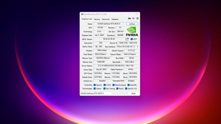 Screenshot eines Desktops, auf dem die Software GPU-Z geöffnet ist.
