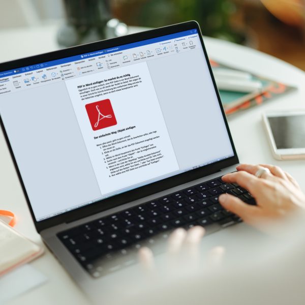 Eine Person sitzt vor einem Laptop und hat dort ein Word-Dokument geöffnet, indem das PDF-Logo zu sehen ist.