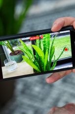 Ein iPhone 15 Pro filmt ein 3D-Video einer Zimmerpflanze.