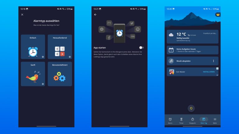 Drei Screenshots aus der App „Alarm Clock Xtreme“: Alarmtyp wählen, App starten und Übersicht.