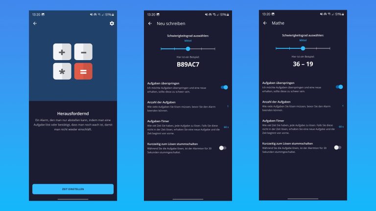 Drei Screenshots aus der App „Alarm Clock Xtreme“: Rechenaufgabe beim Wecken, Einstellung des Codes, Einstellung der Rechenaufgaben.