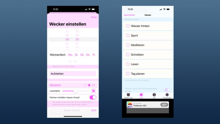 Zwei Screenshots aus der App „Mathe Wecker“: Wecker einstellen, Morgenroutine festlegen.