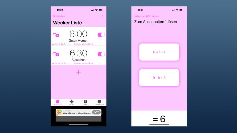 Zwei Screenshots aus der App „Mathe Wecker“: Wecker Liste, Mathe-Aufgaben zum Ausschalten.