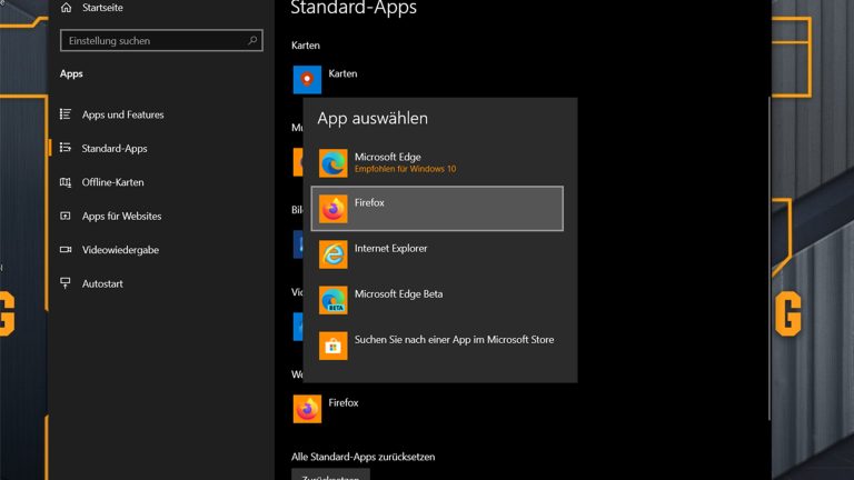 Screenshot der Standard-Apps unter Windows 10.
