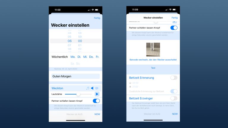 Zwei Screenshots aus der App „Barcode Wecker“: Wecker einstellen, Barcode festlegen.