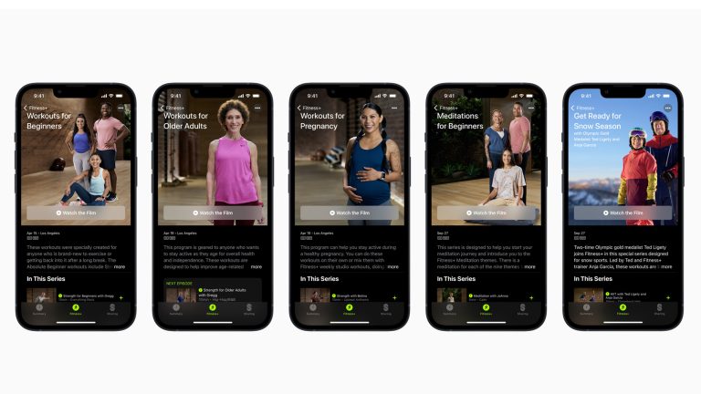 Mehrere Screenshots aus dem Angebot der Apple Fitness+ Auswahl: Workouts for Beginners, Older Adults, Pregnancy. Meditation for Beginners. Get Ready for Snow Season.