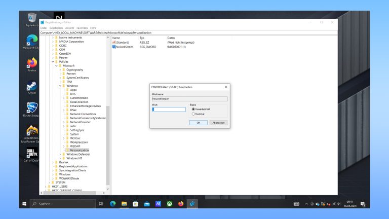 Screenshot der Registry-Bearbeitung unter Windows 10.