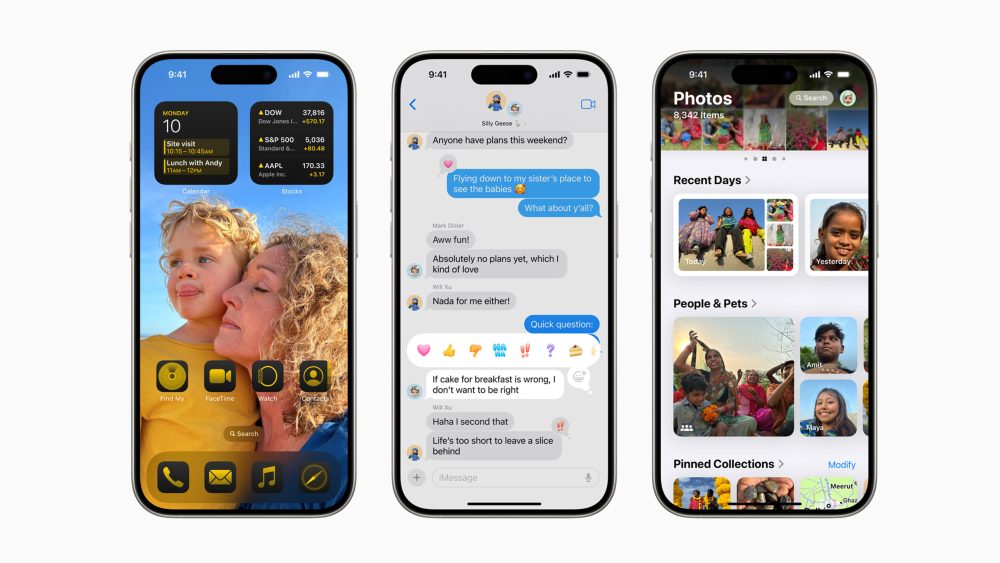 Drei Screenshots von iOS 18, die den Homescreen, Nachrichten und Fotos zeigen.