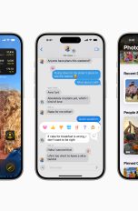 Drei Screenshots von iOS 18, die den Homescreen, Nachrichten und Fotos zeigen.