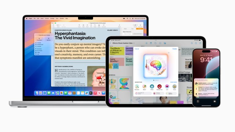 Funktionen von Apple Intelligence sind auf einem MacBook Pro, einem iPad und einem iPhone zu sehen.