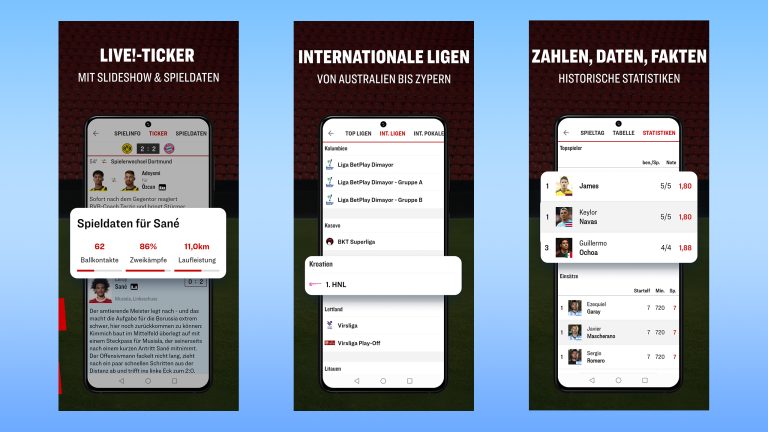 Drei Screenshots der kicker-App, auf denen unterschiedliche Informationen zu Spielern und mehr zu sehen sind.