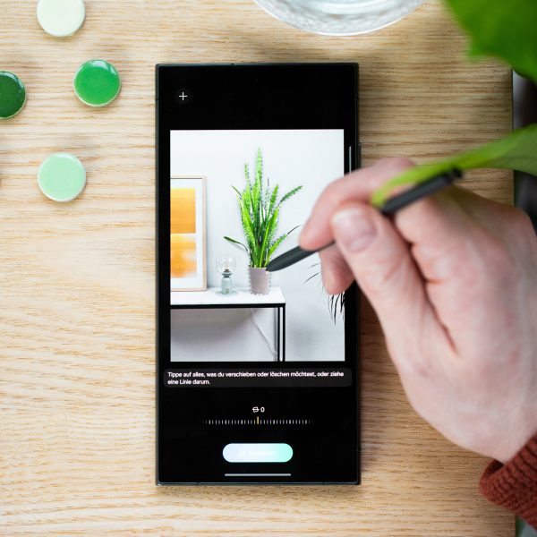 Eine Person kreist mit dem S-Pen auf einem Samsung Galaxy S24 Ultra eine Pflanze ein.