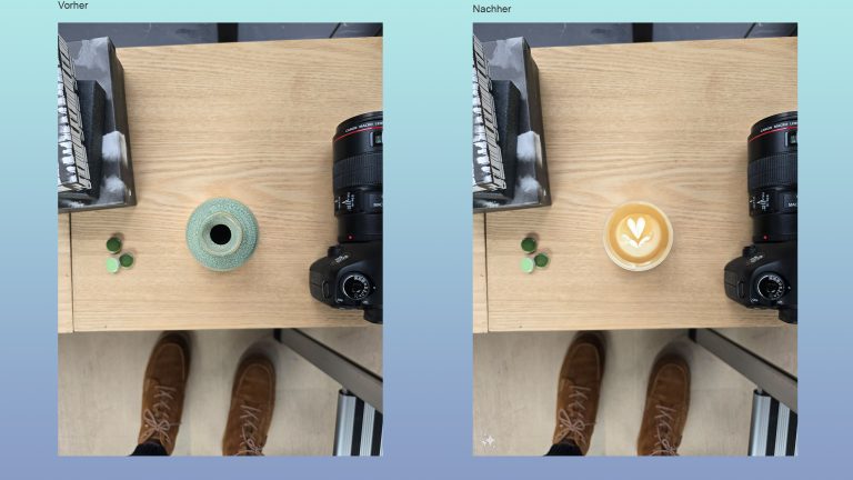 Zwei Bilder nebeneinander, auf einem ist auf einem Tisch eine Vase zu sehen, auf dem anderen an gleicher Stelle ein Cappuccino.