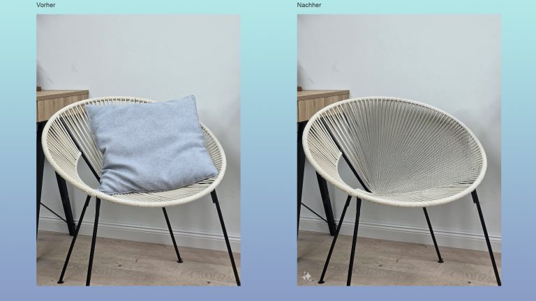 Zwei Bilder, auf dem einen ist ein Stuhl mit einem Kissen zu sehen, auf dem zweiten Bild fehlt das Kissen.