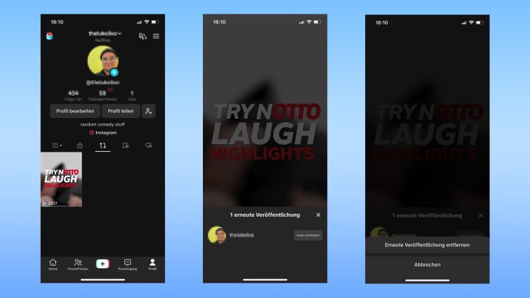 Drei Screenshots von TikTok, die zeigen, wie ein Repost wieder entfernt wird.