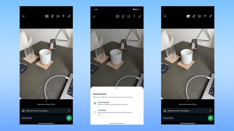 Screenshots vom Versenden eines Fotos, für das die hohe Qualität eingestellt wird.