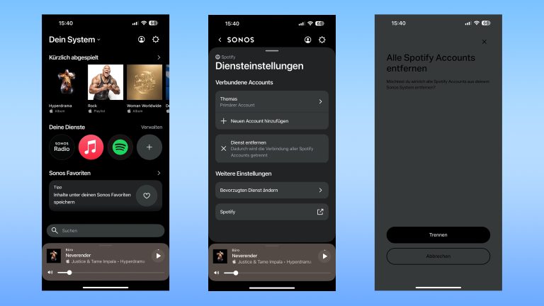 Drei Screenshots aus der Sonos-App auf der das Entfernen von einem Spotify-Account zu sehen ist.