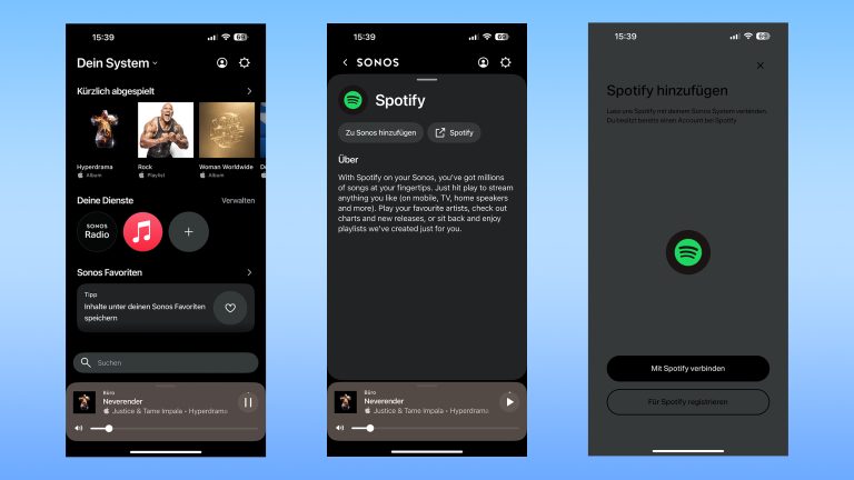 Drei Screenshots aus der Sonos-App, auf denen das Hinzufügen von einem Spotify-Account zu sehen ist.