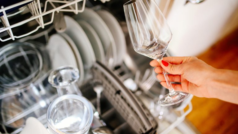 Eine Person hält ein Glas in der Hand, das sie anscheinend aus der Spülmaschine im Hintergrund genommen hat.