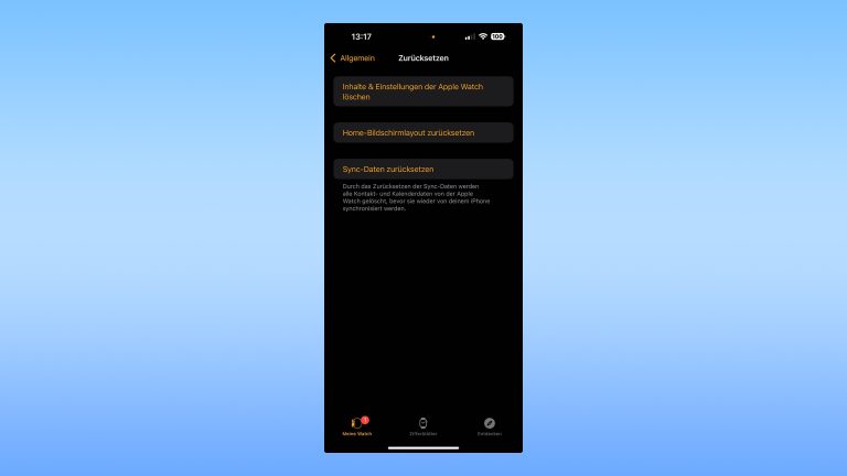 Screenshot aus der Apple-Watch-App, der die Optionen zum Zurücksetzen der Uhr zeigt.