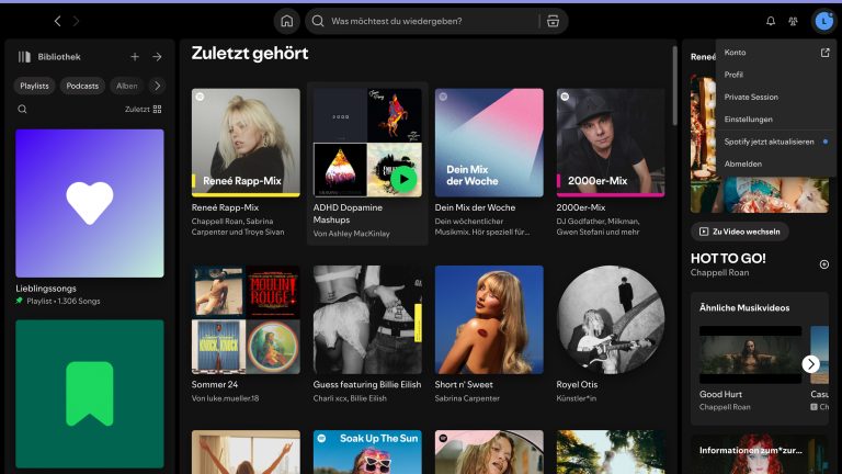 Screenshot der Spotify Desktop App mit aufgeklapptem Dropdown Menü rechts oben. Dort ist als dritter Reiter ”Private Session” zu lesen.