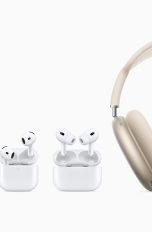 Verschiedene AirPods-Modelle nebeneinander. AirPods 4 im Case, AirPods 4 halb im Case, AirPods Pro 2 über dem Case, AirPods Max 2.