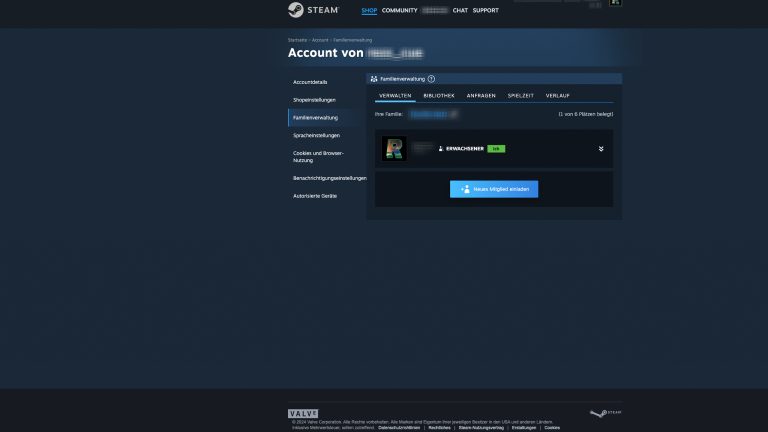 Screenshot der Familien-Verwaltung bei Steam im Browser.