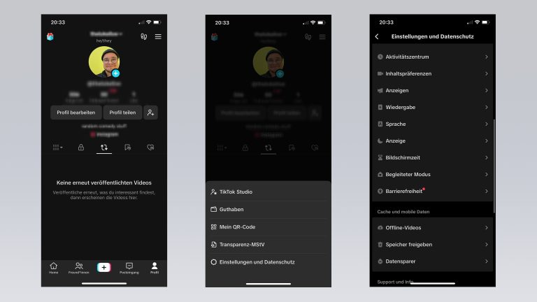 Screenshots von einem Profil und den Einstellungen von TikTok.